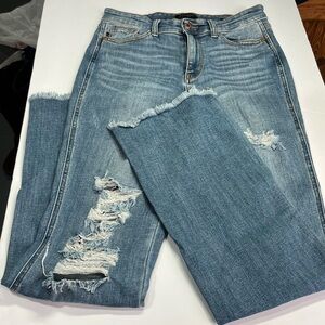 Judy Blue Distressed Straight Leg Boot Cut Jeans - Light Wash Blue